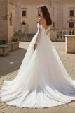 Ivory Long Sleeves A Line Ruched Sweep Train Wedding Dress with Lace