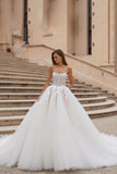 Ivory Corset Ball Gown Tulle Sweep Train Wedding Dress with Lace