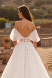 Ivory Off the Shoulder Backless Sweep Train Wedding Dress with Lace