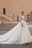 Ivory Lace Appliqued Ball Gown Sweep Train Wedding Dress with Sleeves