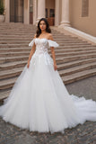 Ruffled Ivory Off the Shoulder Sweep Train Wedding Dress with Lace