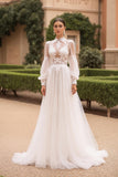 Vintage High Neck Long Sleeves Ivory Sweep Train Wedding Dress with Lace