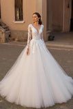 V-Neck Backless Ivory Tulle Long Sleeves Wedding Dress with Lace