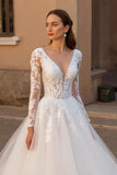 V-Neck Backless Ivory Tulle Long Sleeves Wedding Dress with Lace