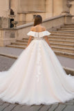 Ivory Corset Ruffled A Line Sweep Train Wedding Dress with Lace
