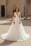 Deep V-Neck Chiffon Ivory A Line Long Sleeves Wedding Dress with Lace
