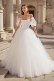 Ivory A Line Puff Sleeves Sweep Train Wedding Dress with Lace