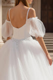 Ivory A Line Puff Sleeves Sweep Train Wedding Dress with Lace