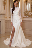 Mermaid Ivory High Neck Sweep Train Vintage Wedding Dress with Slit