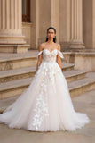 Tulle Off the Shoulder Ivory Lace Applique Sweep Train Wedding Dress