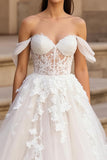 Tulle Off the Shoulder Ivory Lace Applique Sweep Train Wedding Dress