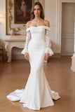 Ruffled Ivory Mermaid Off the Shoulder Sweep Train Wedding Dress with Lace