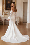 Ruffled Ivory Mermaid Off the Shoulder Sweep Train Wedding Dress with Lace