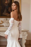 Ruffled Ivory Mermaid Off the Shoulder Sweep Train Wedding Dress with Lace