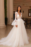 Ruffled Flare Sleeves Ivory Sweep Train Wedding Dress with Slit