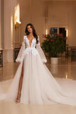 Ivory Deep V-Neck Long Sleeves Ball Gown Wedding Dress with Lace
