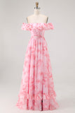 Pink Floral Off the Shoulder Chiffon A-Line Maxi Wedding Guest Dress with Ruffles
