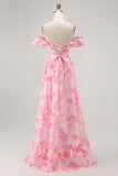 Pink Floral Off the Shoulder Chiffon A-Line Maxi Wedding Guest Dress with Ruffles