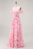 Pink Floral Off the Shoulder Chiffon A-Line Maxi Wedding Guest Dress with Ruffles