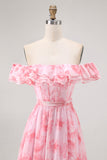 Pink Floral Off the Shoulder Chiffon A-Line Maxi Wedding Guest Dress with Ruffles