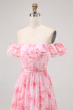 Pink Floral Off the Shoulder Chiffon A-Line Maxi Wedding Guest Dress with Ruffles