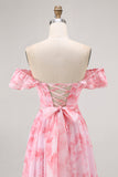 Pink Floral Off the Shoulder Chiffon A-Line Maxi Wedding Guest Dress with Ruffles