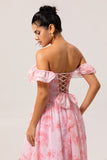 Pink Floral Off the Shoulder Ruffled Long Bridesmaid Dress with Slit