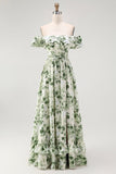 Green Floral A Line Off the Shoulder Maxi Wedding Guest Dress