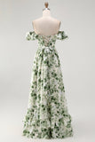 Green Floral A Line Off the Shoulder Maxi Wedding Guest Dress
