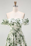 Green Floral A Line Off the Shoulder Maxi Wedding Guest Dress