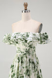 Green Floral A Line Off the Shoulder Maxi Wedding Guest Dress