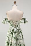 Green Floral A Line Off the Shoulder Maxi Wedding Guest Dress