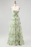 Green Floral Chiffon Spaghetti Straps A-Line Long Wedding Guest Dress with Slit