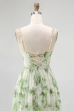Green Floral Chiffon Spaghetti Straps A-Line Long Wedding Guest Dress with Slit