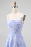 Blue A-Line Floral Spaghetti Straps Long Wedding Guest Dress with Slit