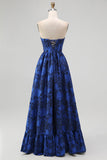 Dark Blue Corset Floral Sweetheart A-Line Maxi Wedding Guest Dress