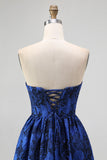 Dark Blue Corset Floral Sweetheart A-Line Maxi Wedding Guest Dress