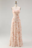 Champagne Floral Spaghetti Straps Ruched Chiffon A-Line Long Wedding Guest Dress
