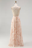 Champagne Floral Spaghetti Straps Ruched Chiffon A-Line Long Wedding Guest Dress