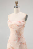 Champagne Floral Spaghetti Straps Ruched Chiffon A-Line Long Wedding Guest Dress