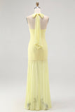 Simple Yellow Sheath Halter Chiffon Maxi Wedding Guest Dress