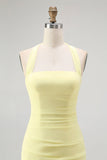 Simple Yellow Sheath Halter Chiffon Maxi Wedding Guest Dress