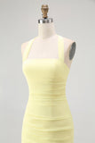 Simple Yellow Sheath Halter Chiffon Maxi Wedding Guest Dress