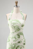 Green Floral Mermaid Halter Long Wedding Guest Dress with Bow