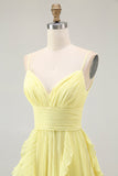 Yellow Chiffon Spaghetti Straps Pleated A-Line Long Wedding Guest Dress with Ruffles