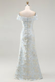 Light Blue Floral Off the Shoulder Mermaid Maxi Wedding Guest Dress