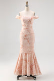 Champagne Printed Off the Shoulder Long Ruched Wedding Guest Dress