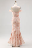 Champagne Printed Off the Shoulder Long Ruched Wedding Guest Dress