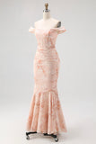 Champagne Printed Off the Shoulder Long Ruched Wedding Guest Dress