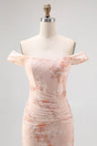 Champagne Printed Off the Shoulder Long Ruched Wedding Guest Dress